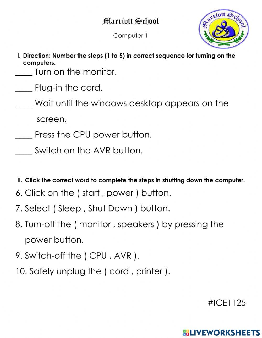 Turning On and Off the Computer | LiveWorksheets