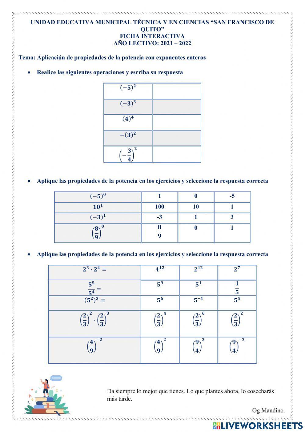 Aplicación de propiedades de la potencia con exponentes enteros