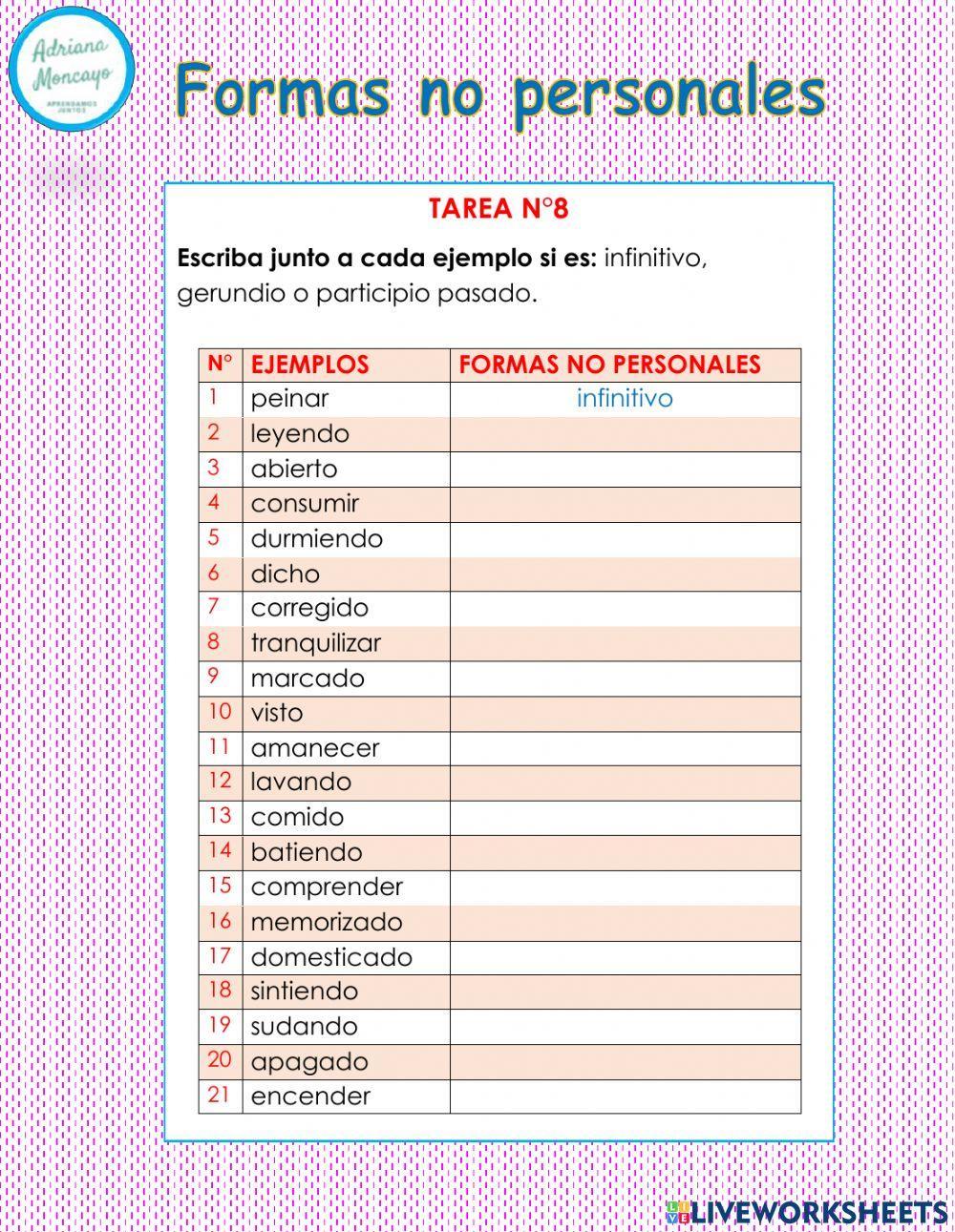 Formas no personales del verbo liveworksheets