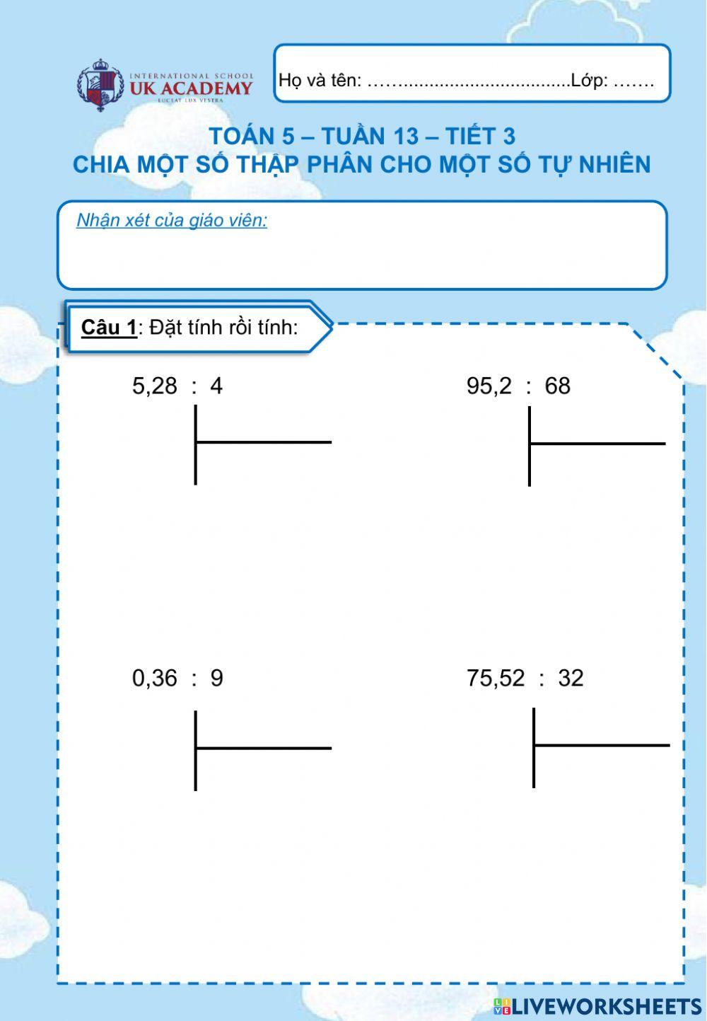 Toán 5 - Chia một số thập phân cho một số tự nhiên