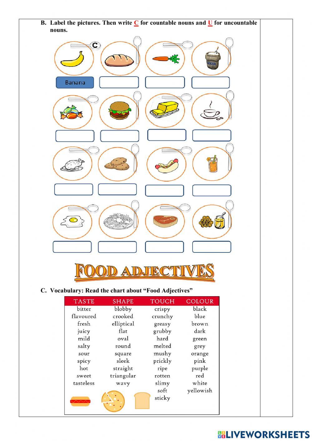 Ejercicios Online-10th EGB- Countable and Uncountable nouns - Adjectives