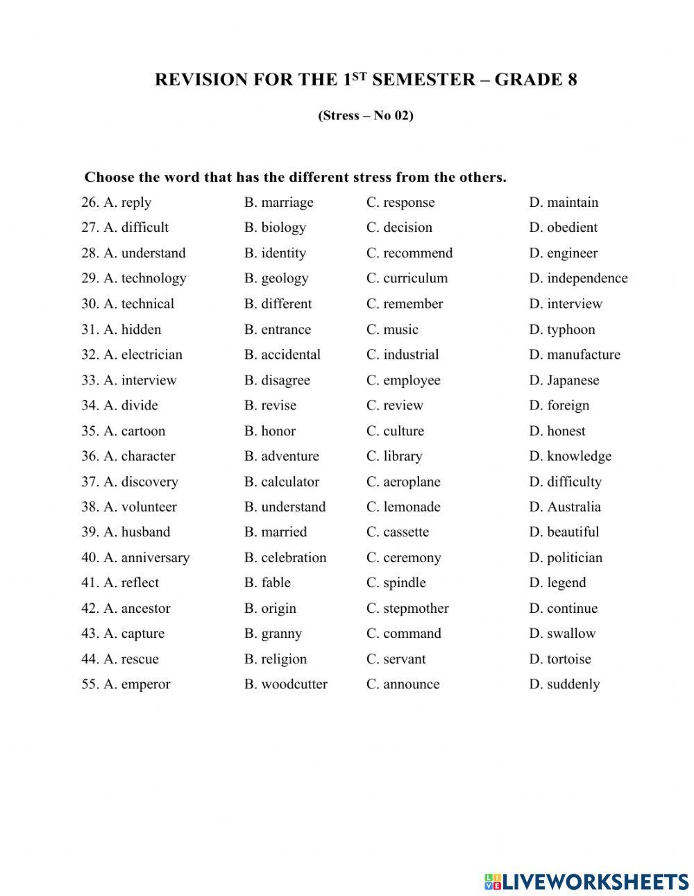 Revision for the 1st semester - grade 8 (Word stress 02)