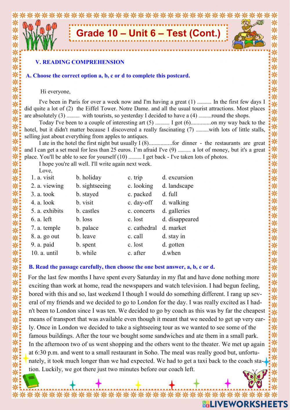 Grade 10 unit 6 test cont 12a2 live worksheets