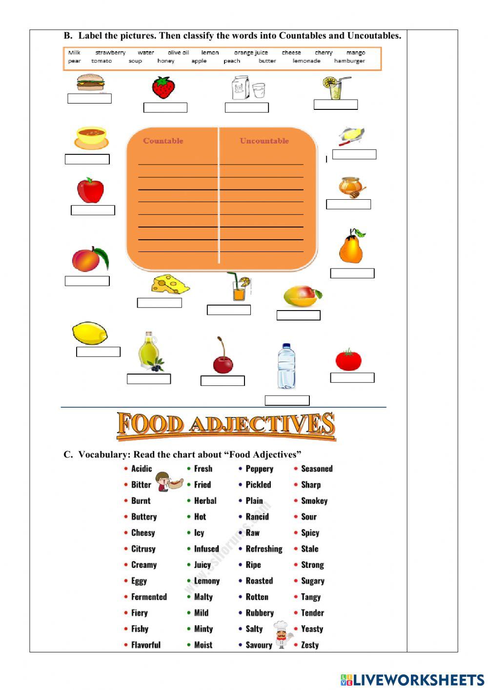 Ejercicios Online-1st BGU- Countable and Uncountable nouns - Adjectives