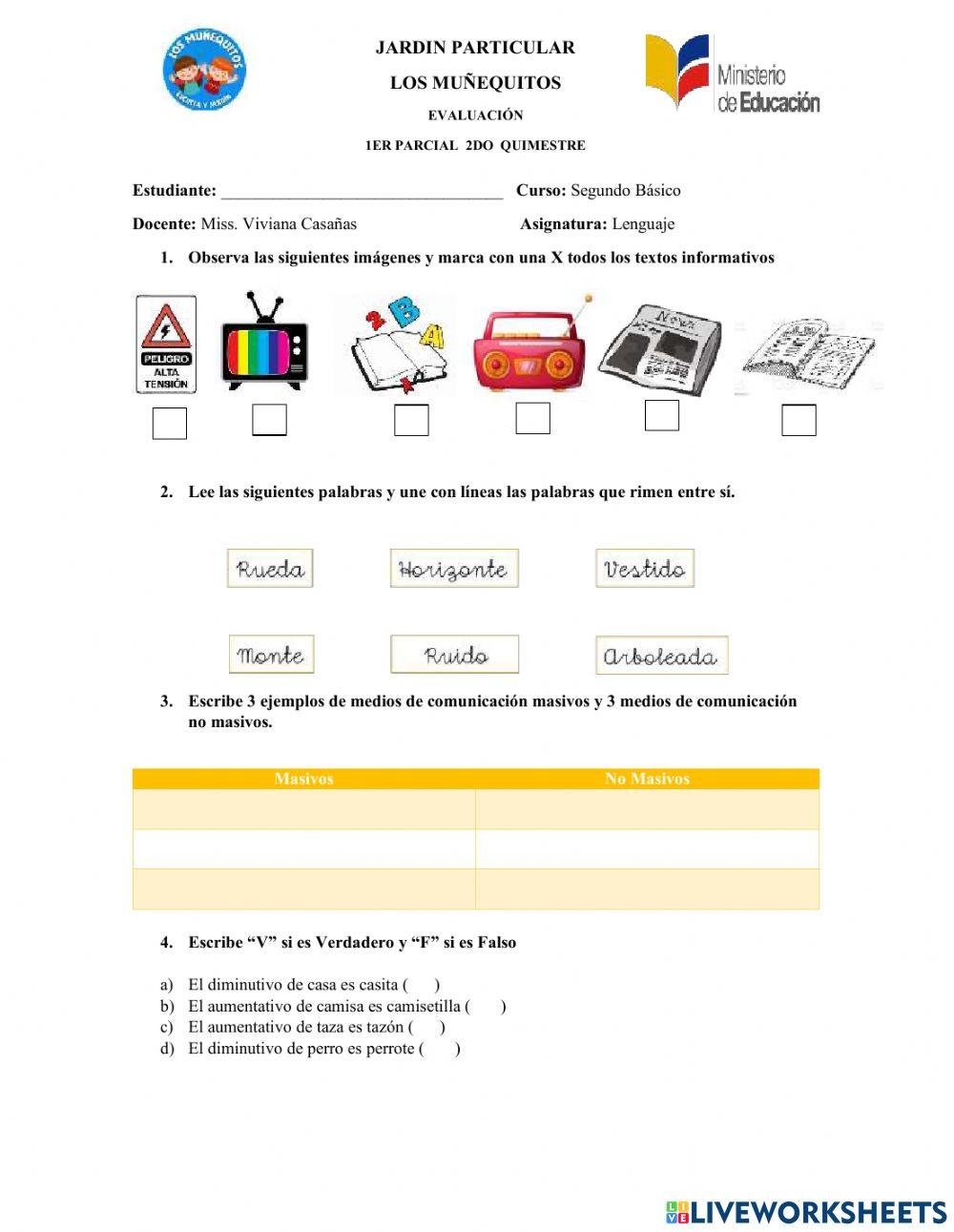 Examen de lenguaje 1° parcial 2° quimestre