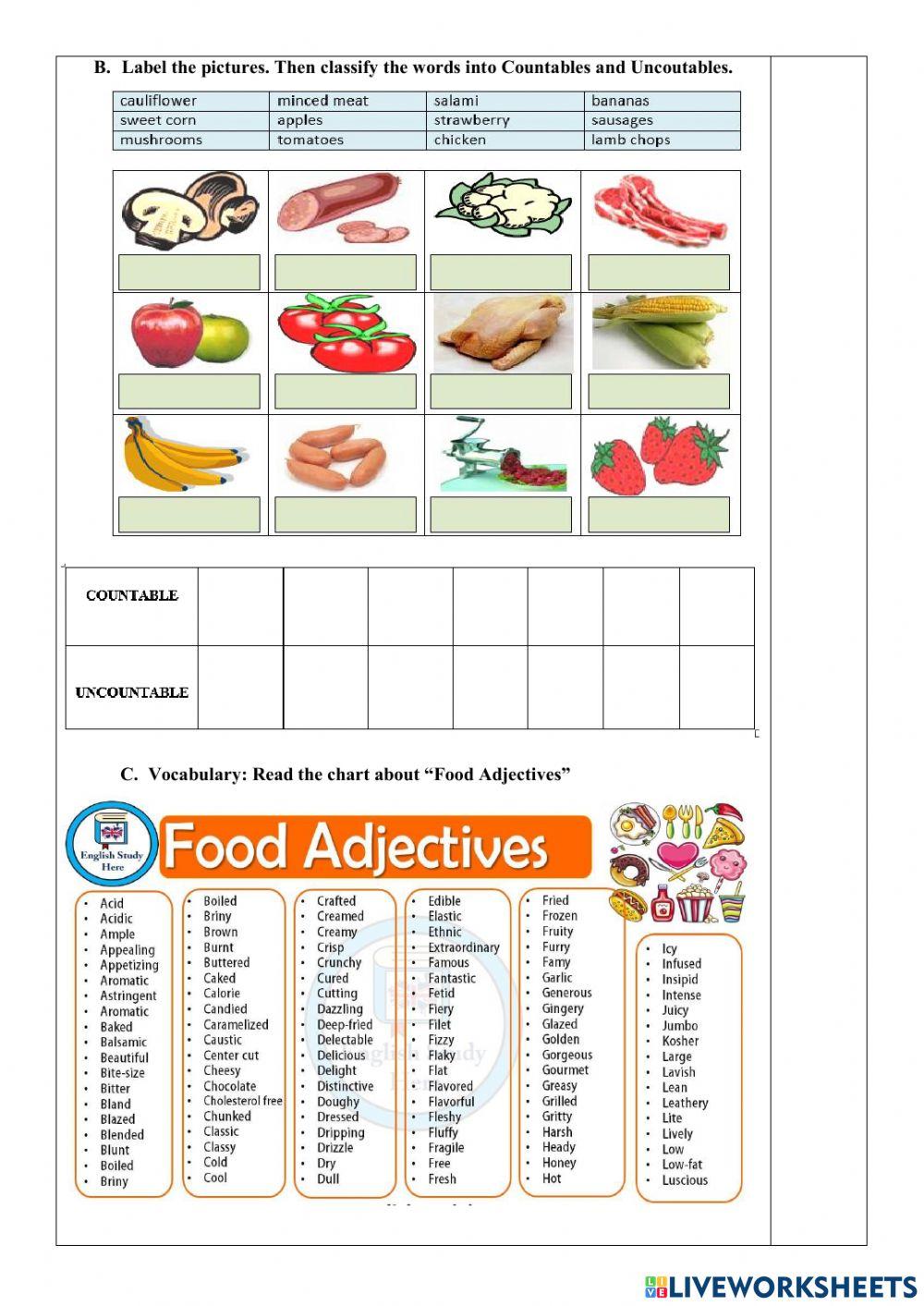 Ejercicios Online-2nd BGU-Countable and Uncountable nouns - Adjectives