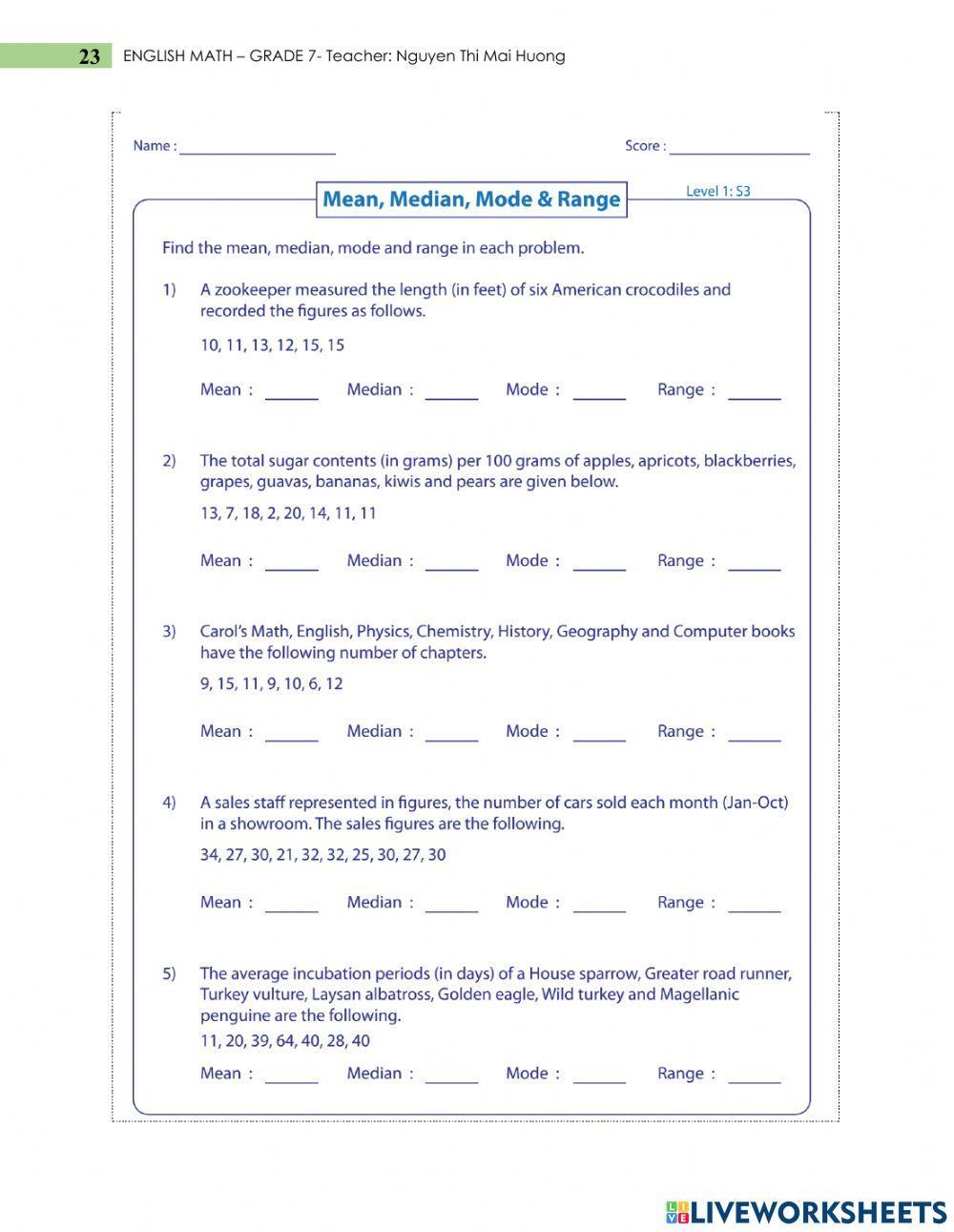 Mean mode median range worksheet | Live Worksheets
