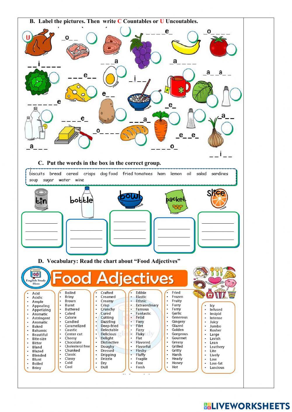 Ejercicios Online- 3rd BGU-Countable and Uncountable nouns - Adjectives
