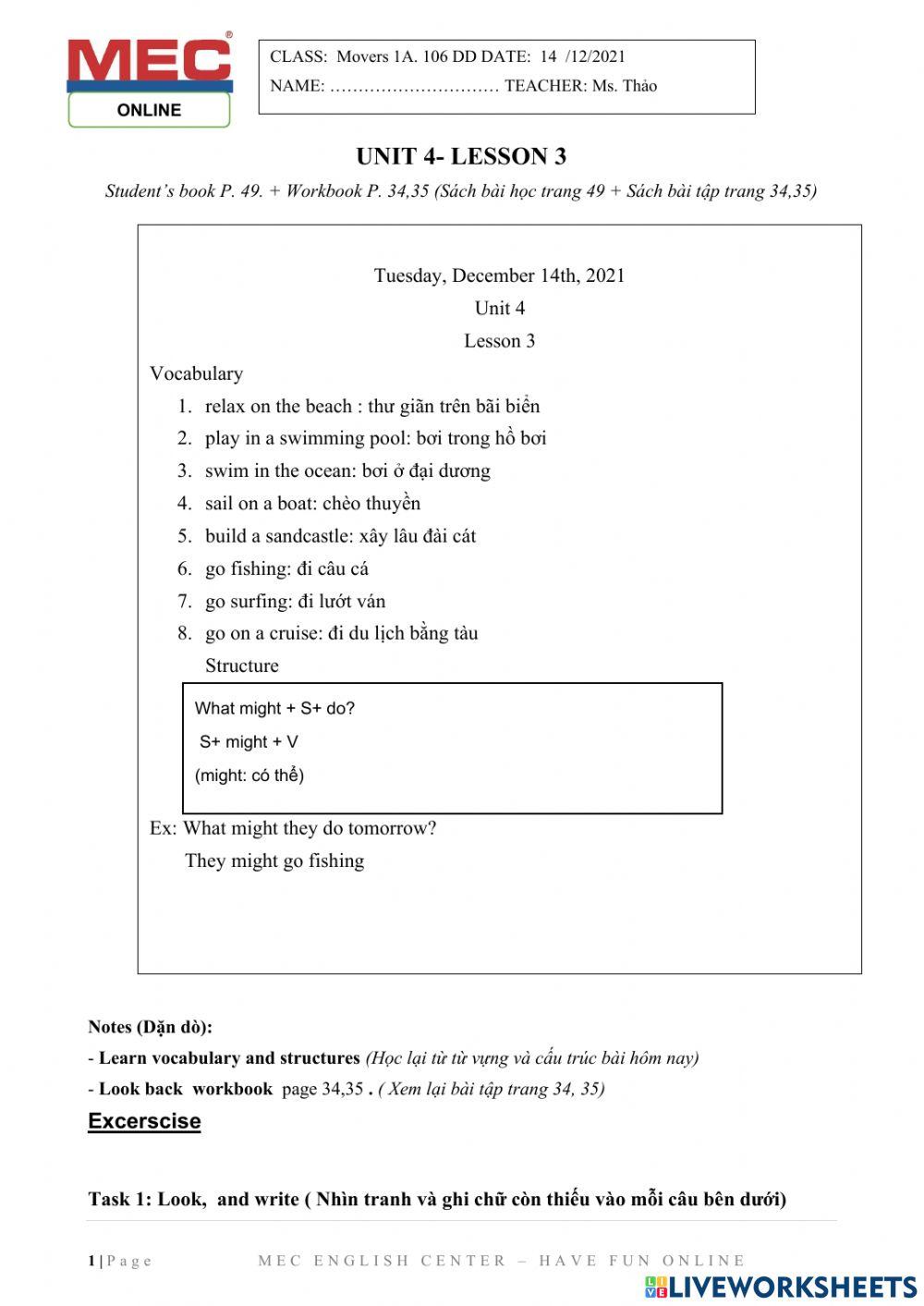 Movers 1A- Unit 4- Lesson 3