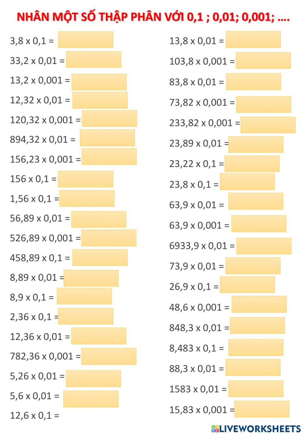 Nhân một số thập phân với 0,1  0,01  0,001