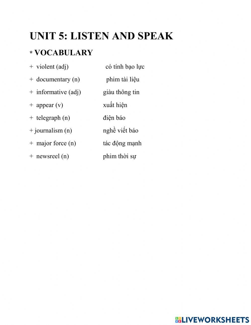 Unit 5 listen and speak g9 online exercise for live worksheets