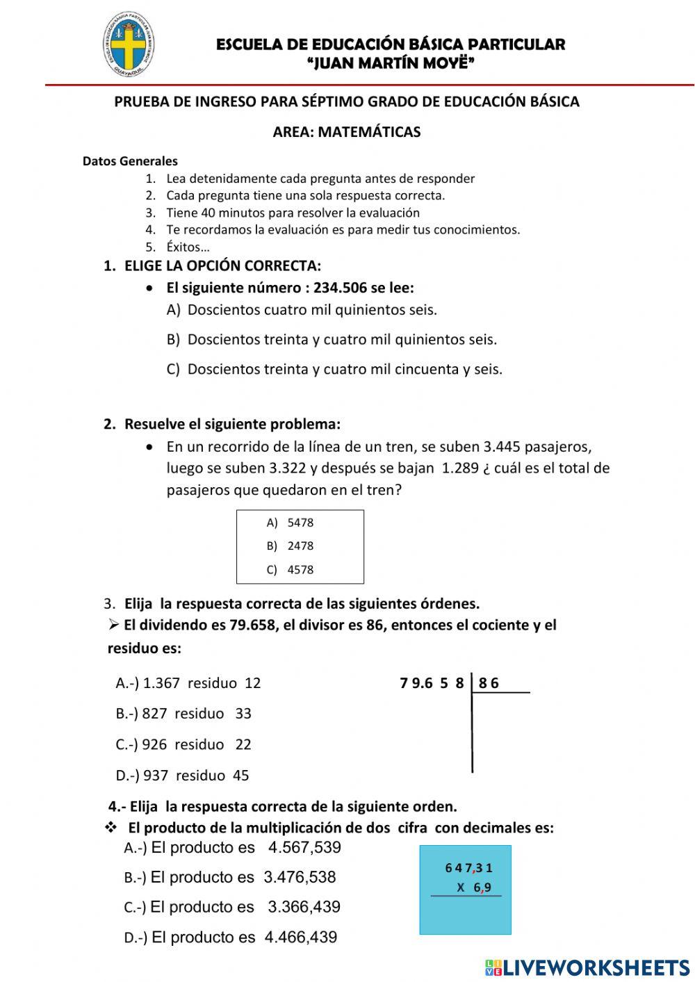 Prueba para ingreso de estudiantes