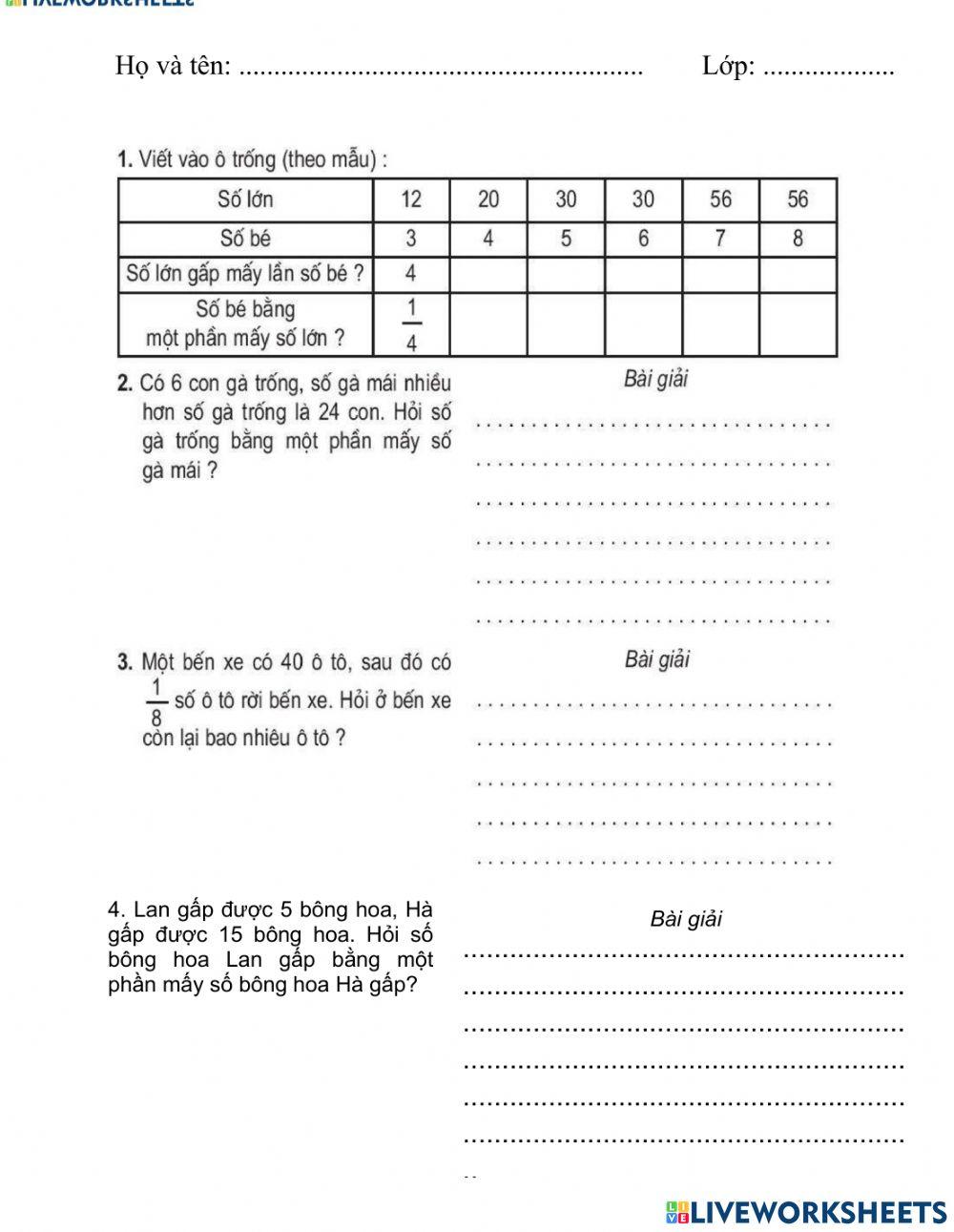 So sánh số bé bằng một phần mấy số lớn