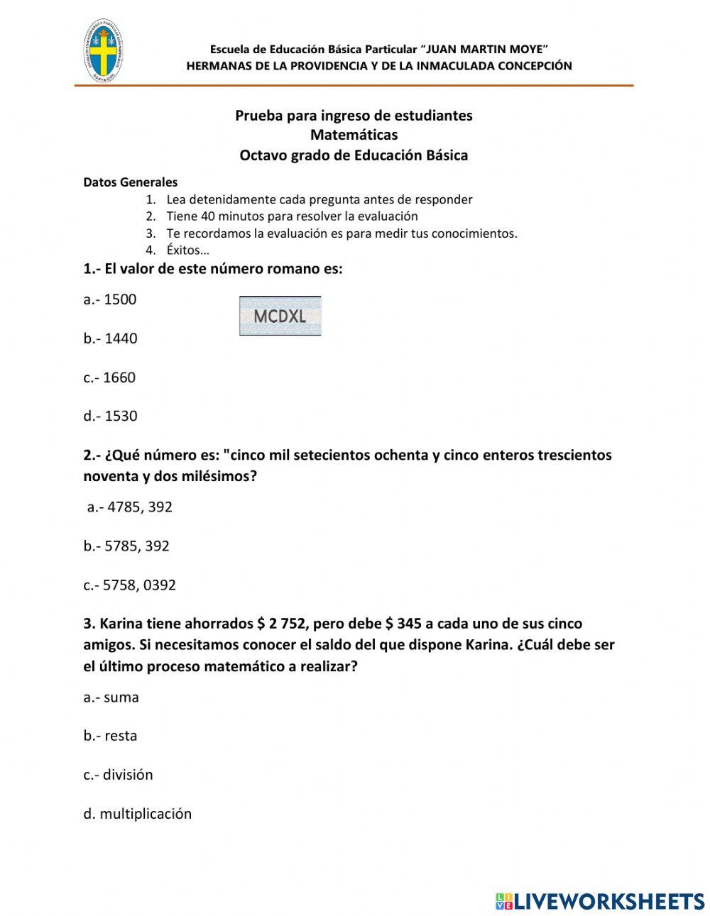 Prueba para ingreso de estudiantes