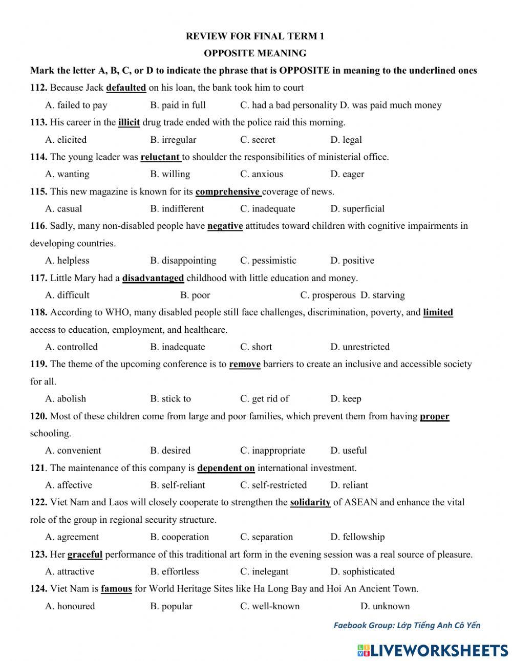 Y11 Review for final term 1 - L.Q.Đ - Opposite meanings