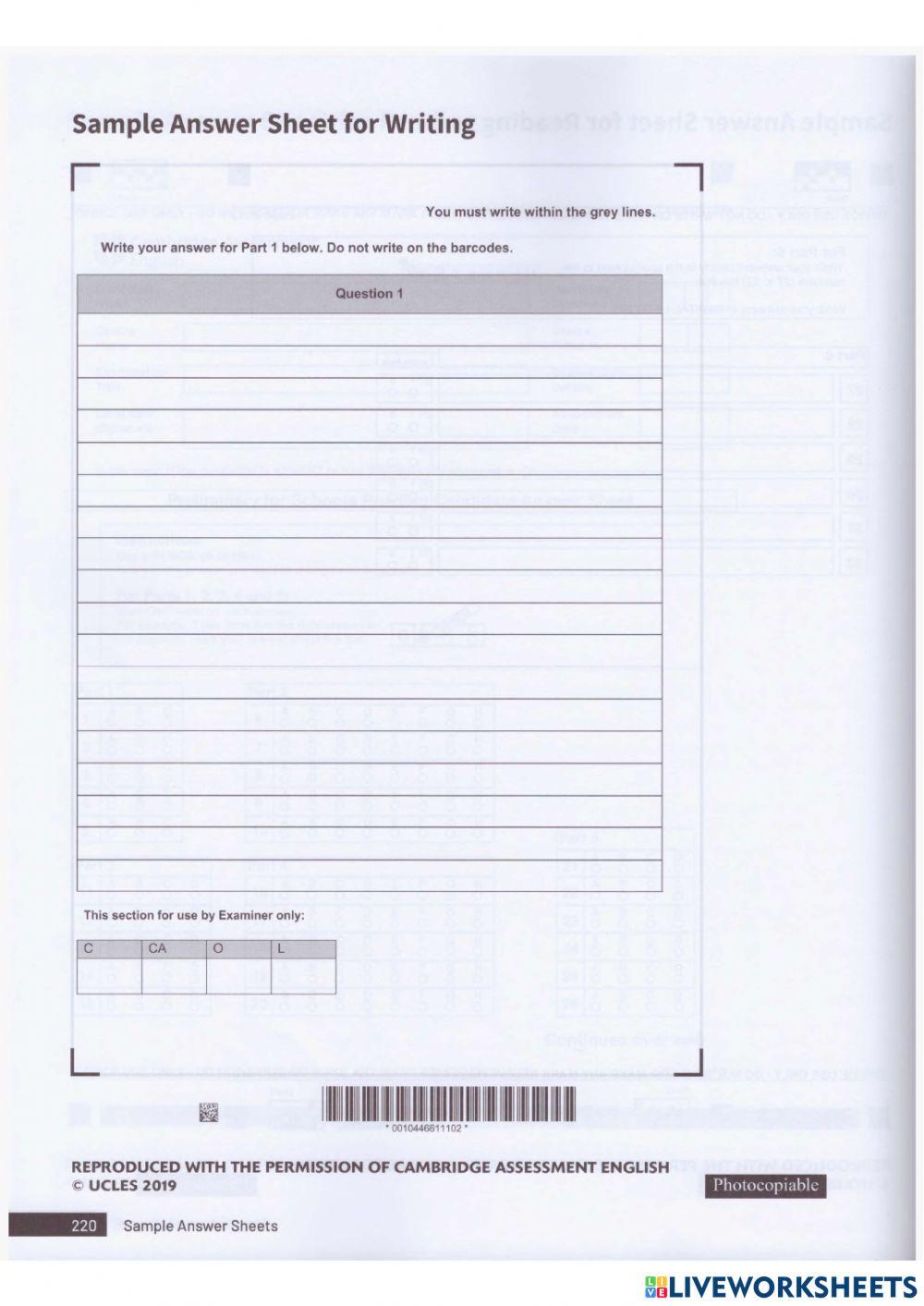 Pet Writing Exam answer sheet