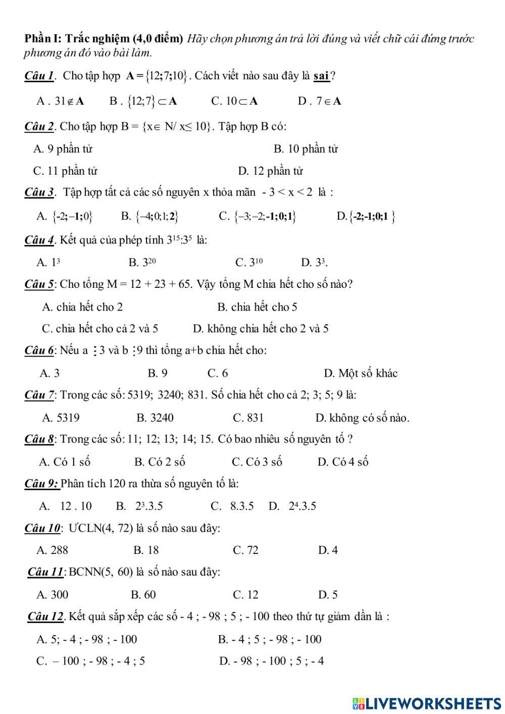 Trắc nghiệm HK1 Toán 6 đề 4