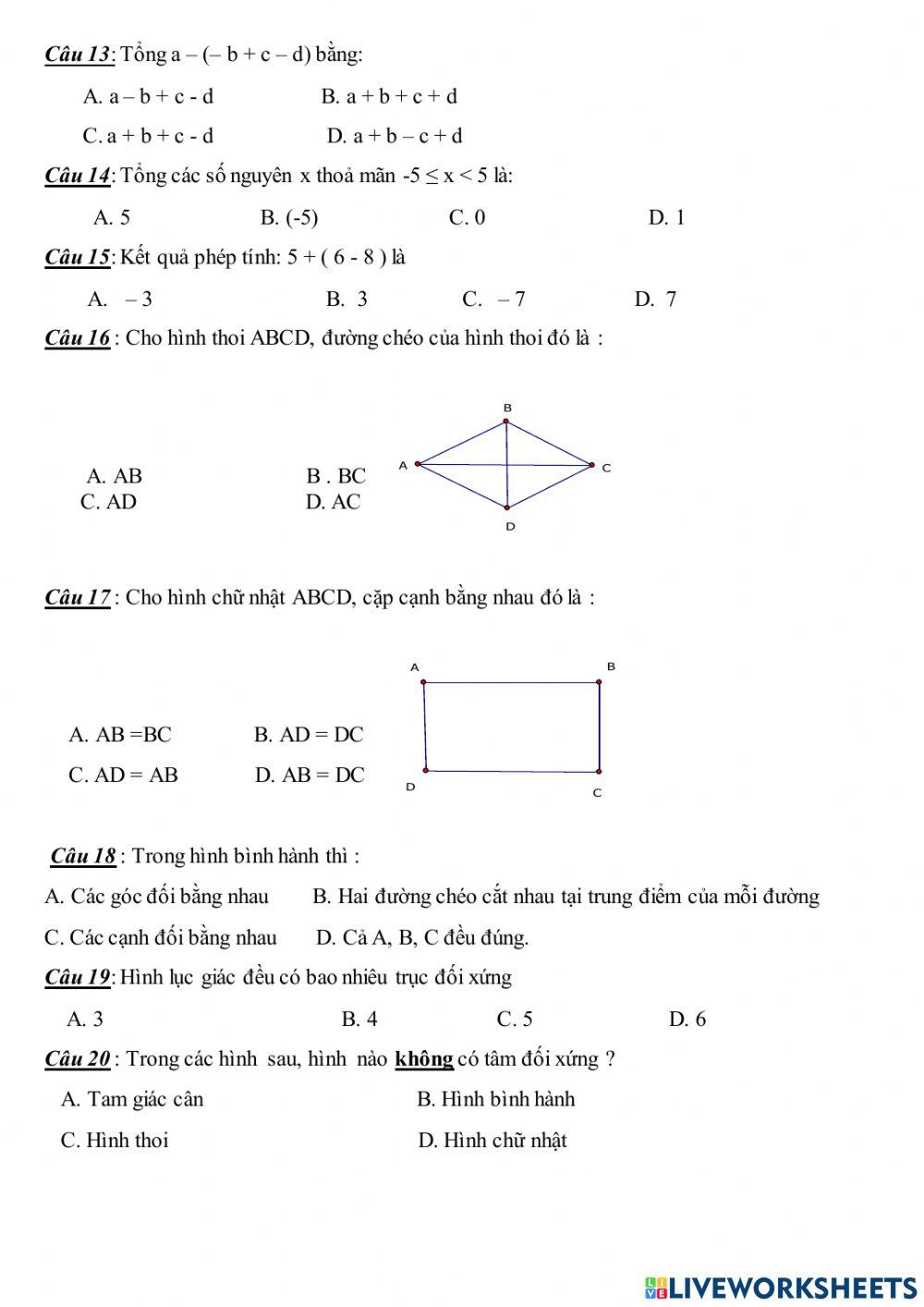 Trắc nghiệm HK1 Toán 6 đề 4