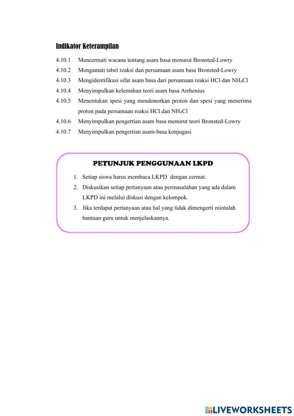 E-lkpd teori asam basa bronsted-lowry