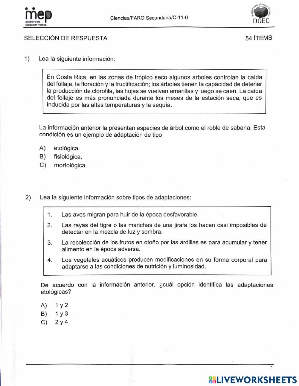 Parte de Biología, Examen FARO