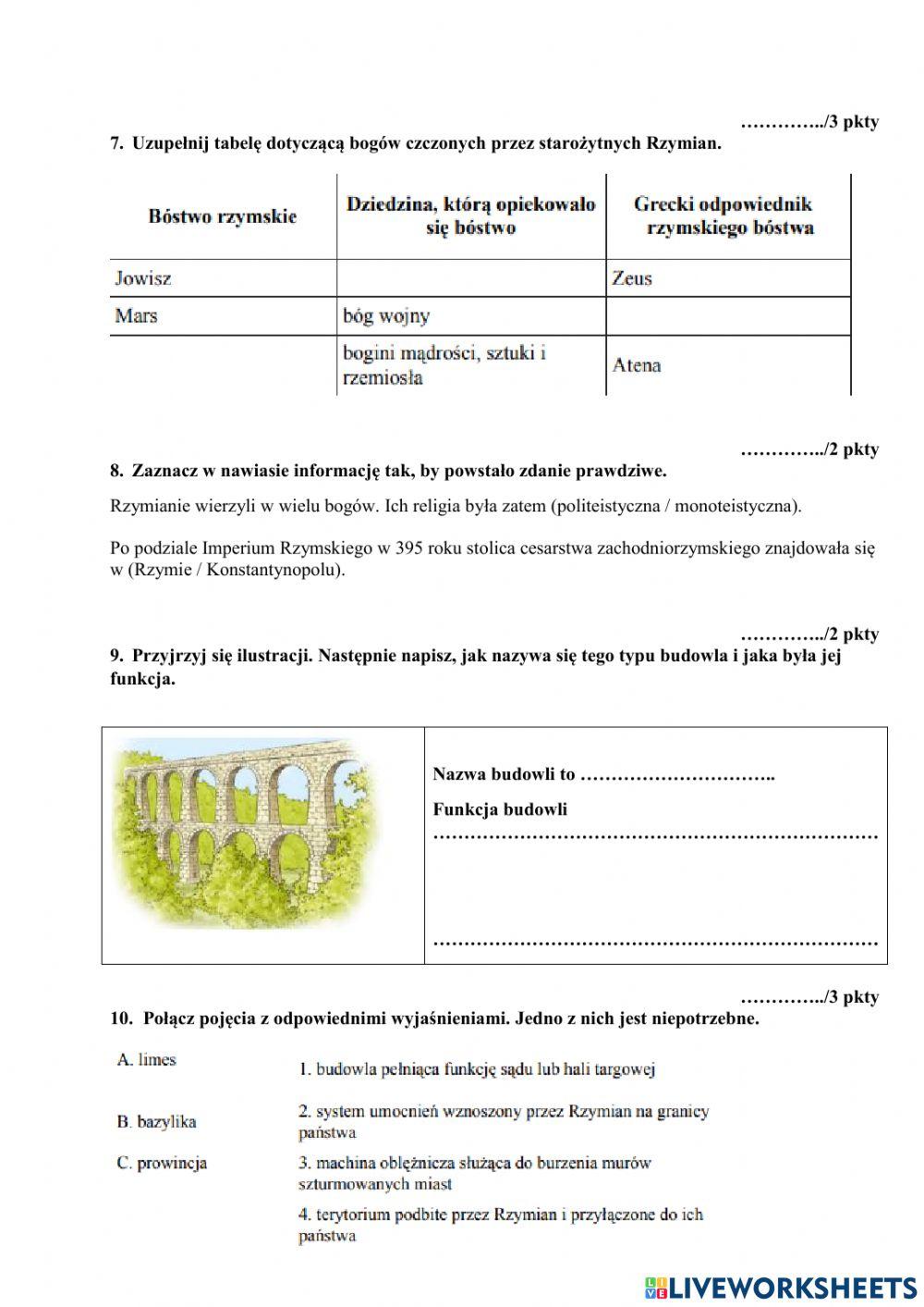 Test Starozytny Rzym Klasa 5 5263445 | H kl.5 Starożytny Rzym - praca klasowa