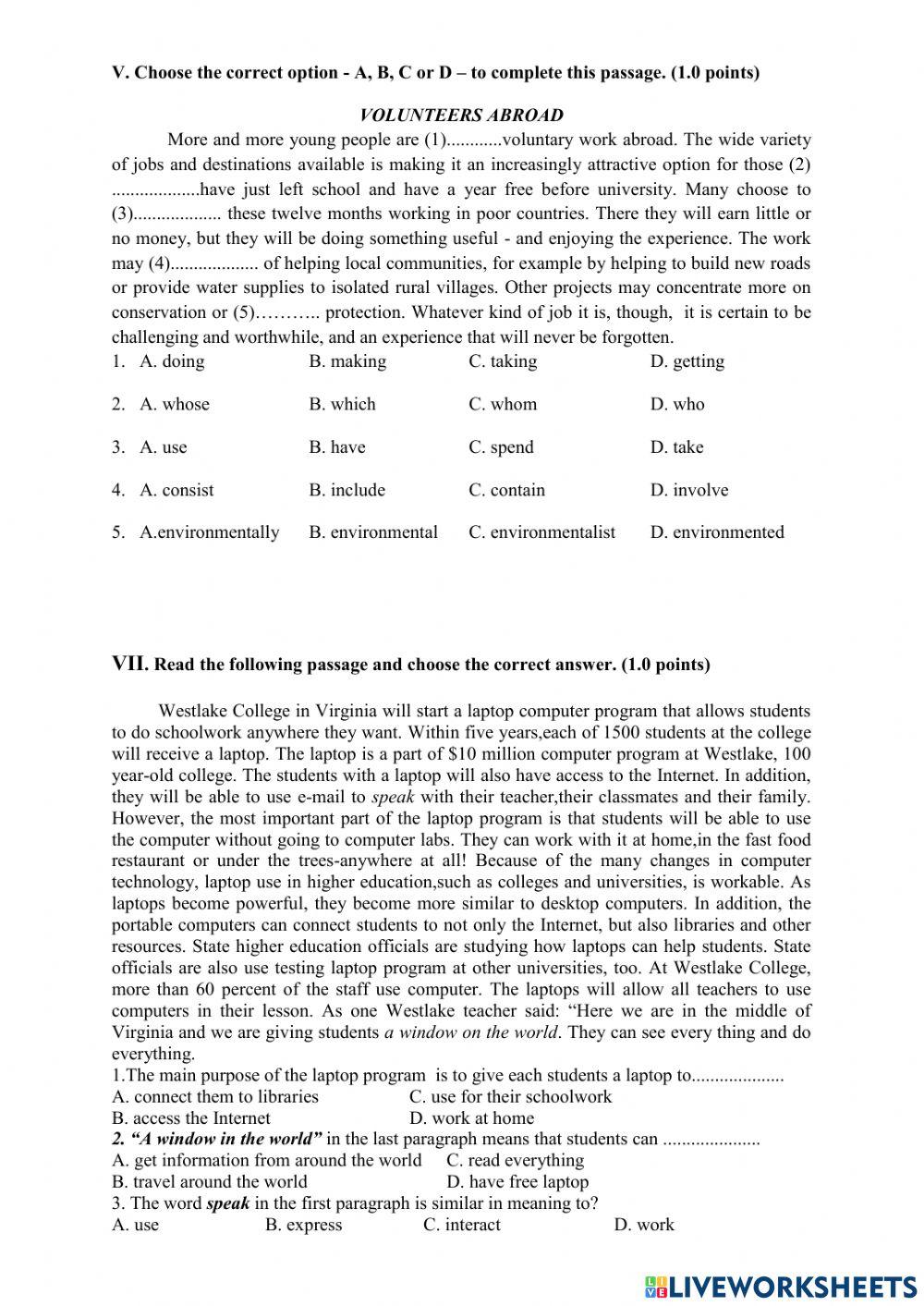 Practice cuối kì 1 lớp 10 Reading worksheet | Live Worksheets