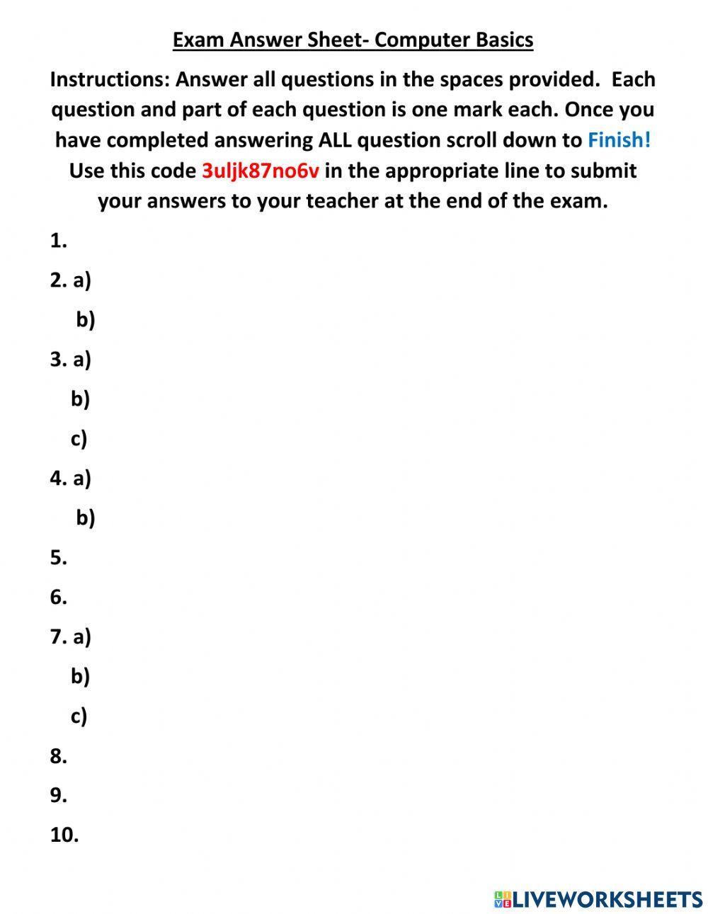 COMPUTER BASICS EXAM ANSWER SHEET