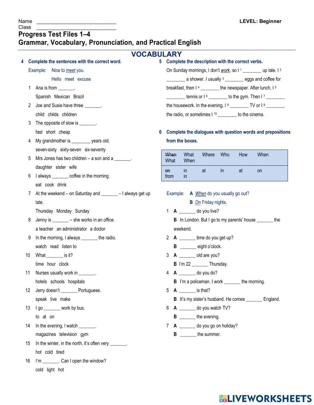 Beginners-Progress Tests 1-4-Vocabulary