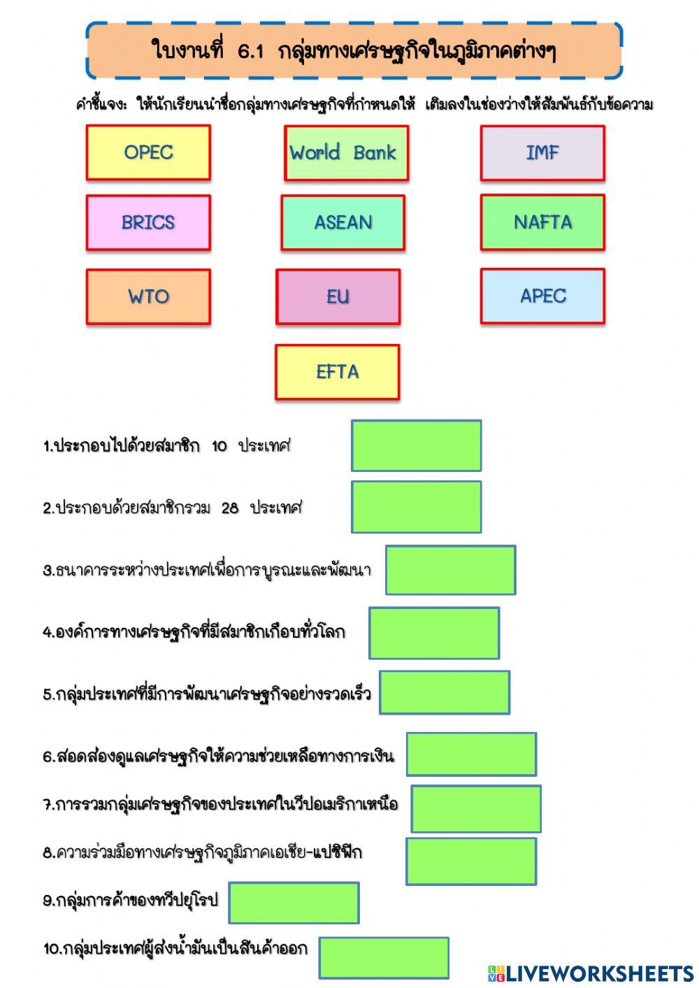 ใบงานที่ 6.1 กลุ่มทางเศรษฐกิจในภูมิภาคต่างๆ
