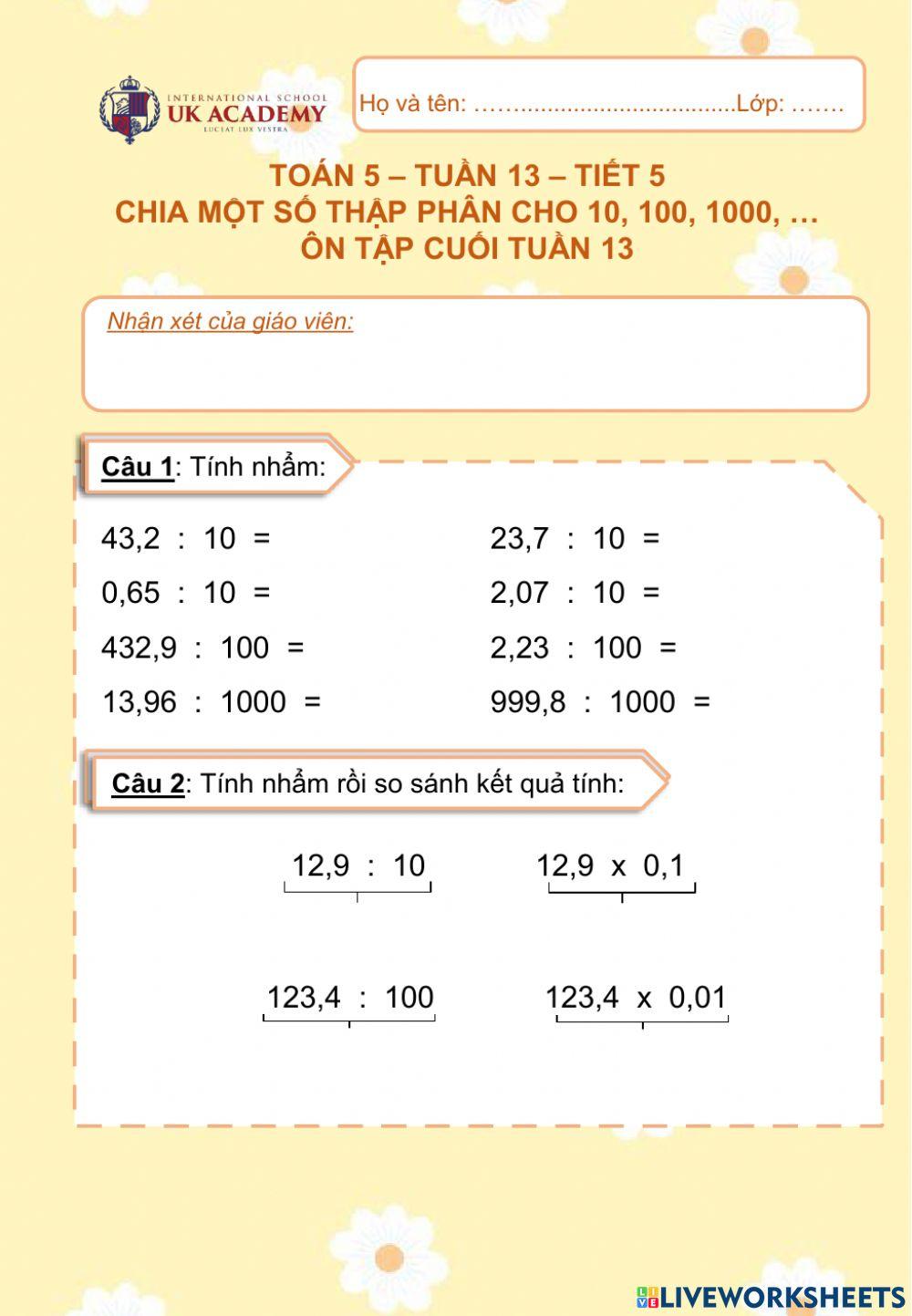 Toán 5 - Chia 1 STP với 10, 100, 1000 - Ôn tập cuối tuần 13