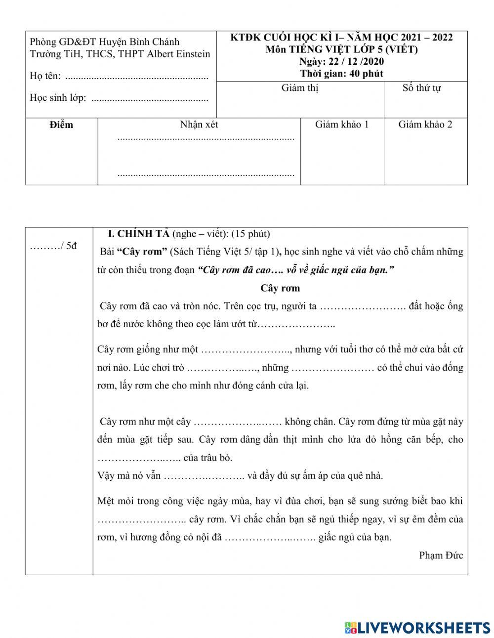 Đề tiếng việt viết ck1.2021