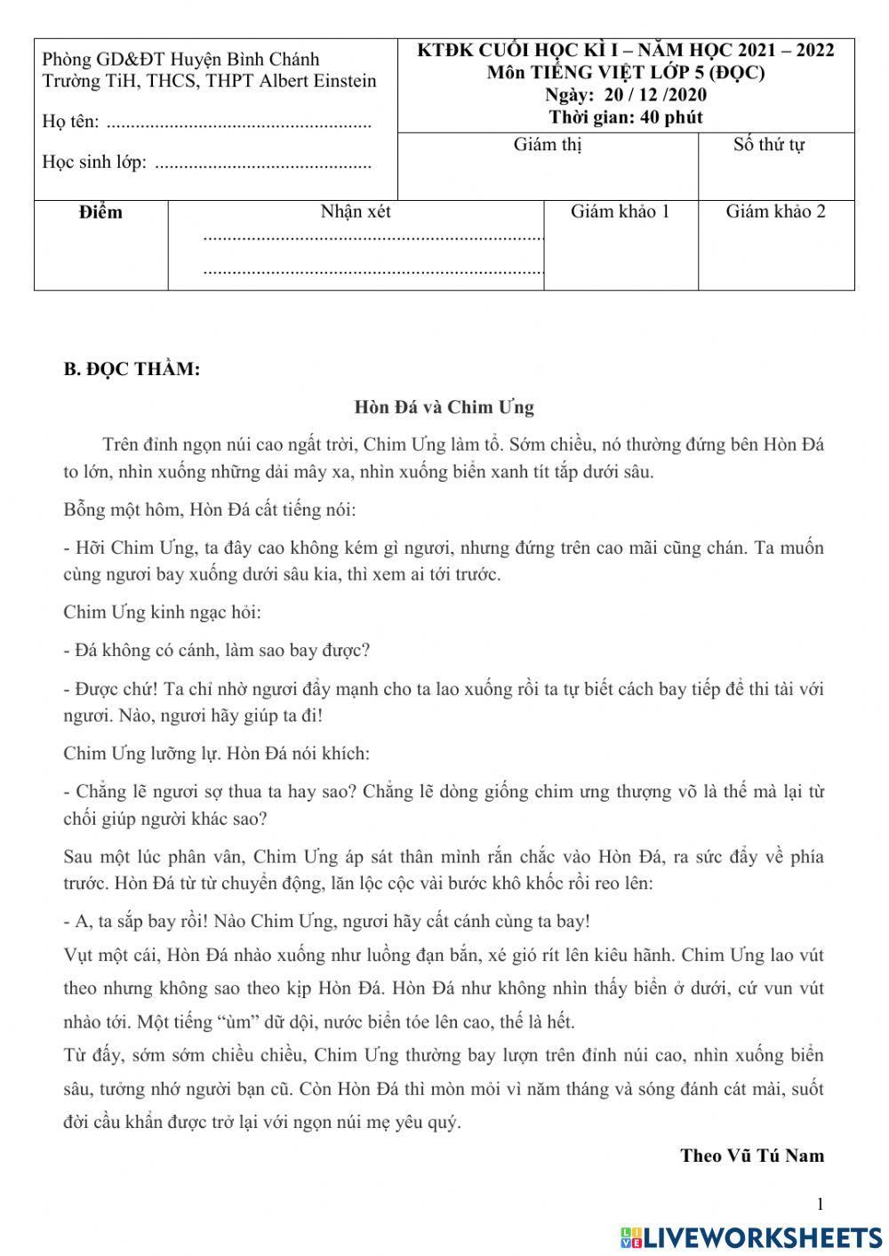 Đề TV CK1 ĐỌC 2021