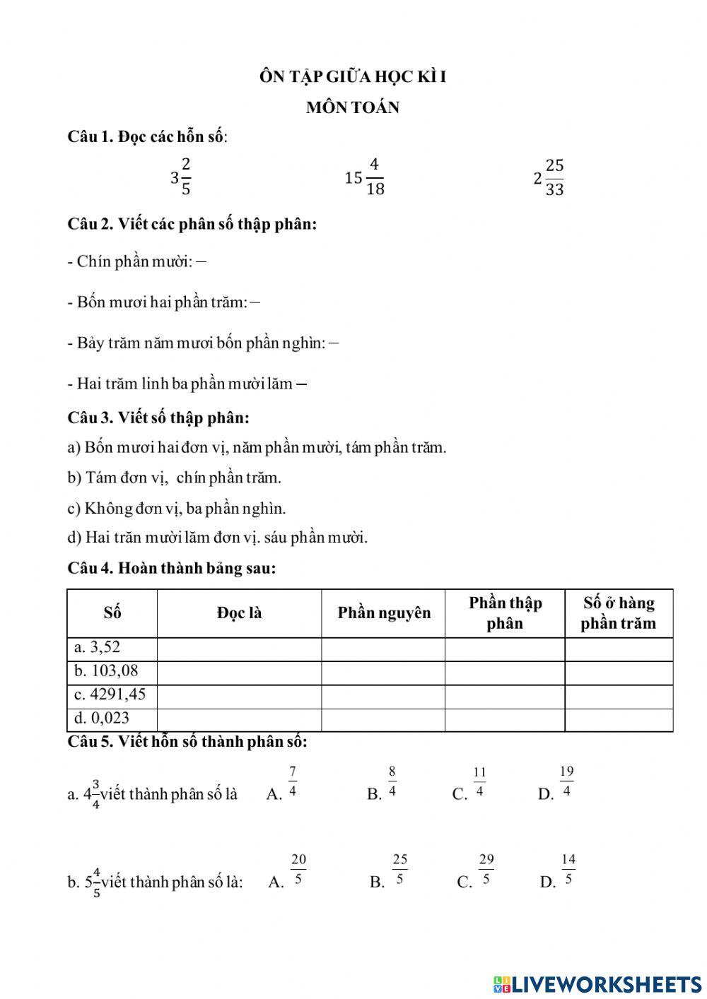 ÔN TẬP TOÁN GKI - Lớp 5