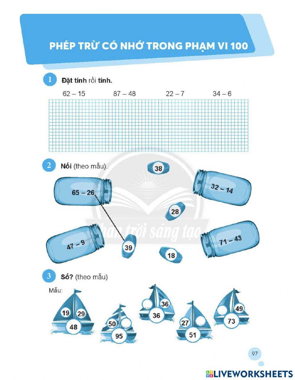 Phiếu bài tập toán trang 97 lớp 2