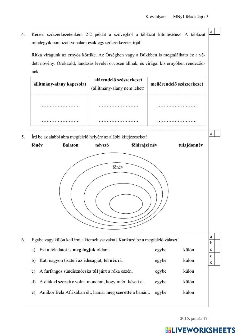 Felvételi feladatsor 2015
