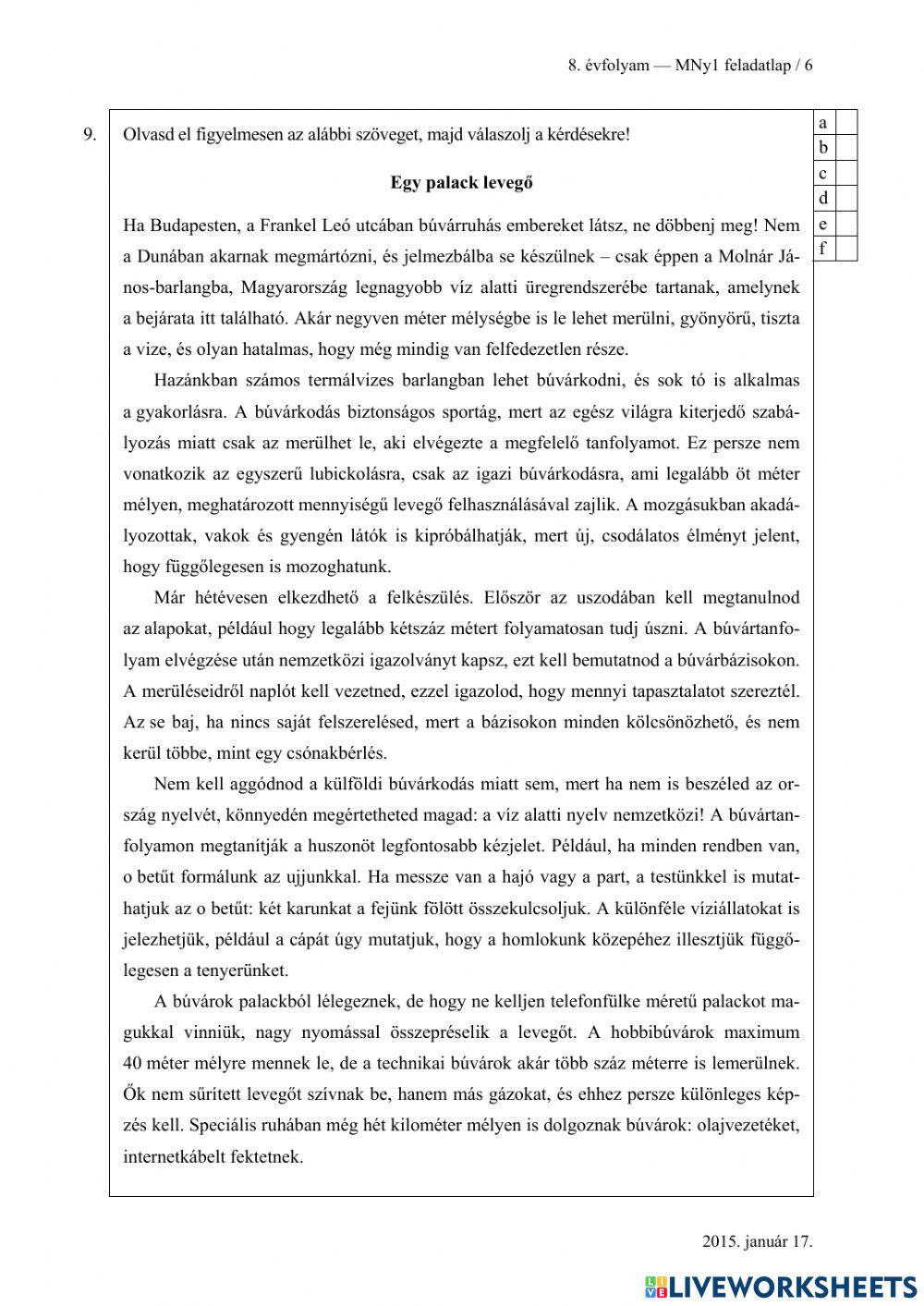 Felvételi feladatsor 2015