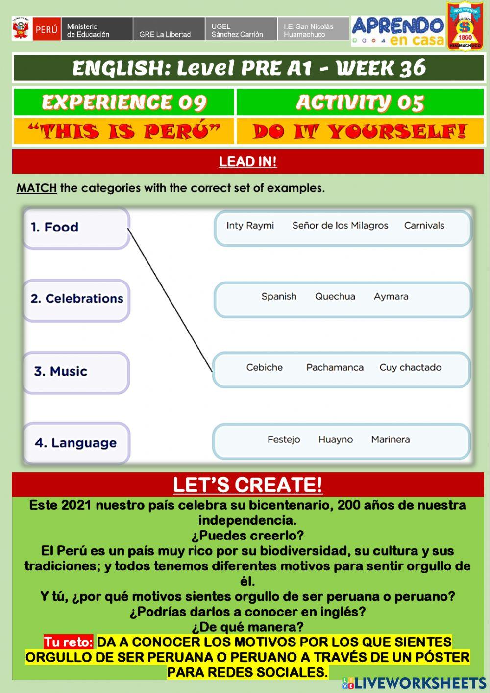 Week 36 - ENGLISH PRE A1 - Experience 9 - Activity 5. Do it yourself!