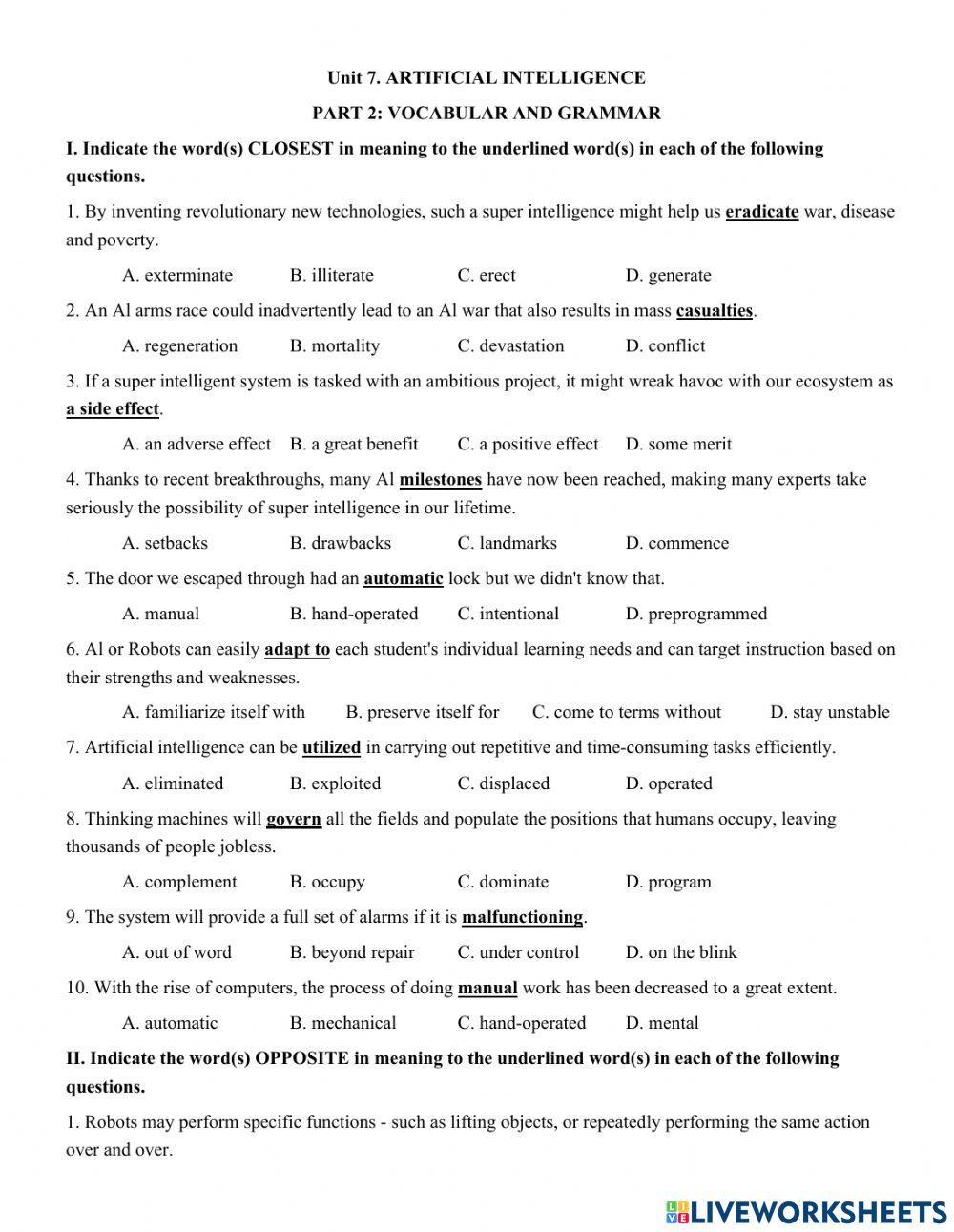 Unit 7. ARTIFICIAL INTELLIGENCE  PART 2: VOCABULAR AND GRAMMAR