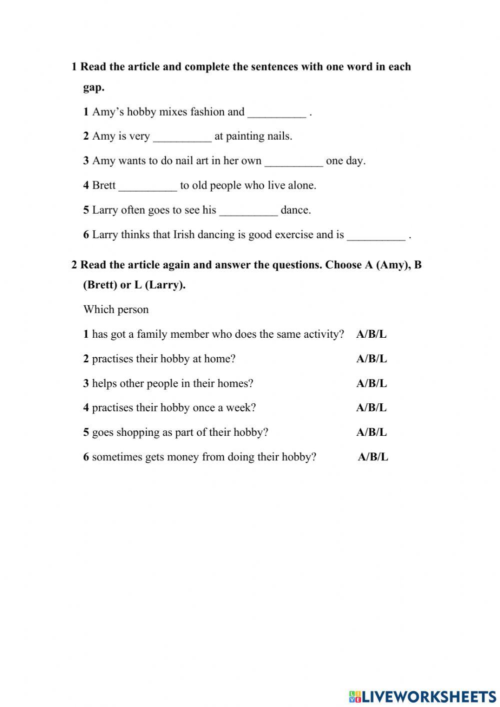 Reading 1 ESO unit 2 - hobies