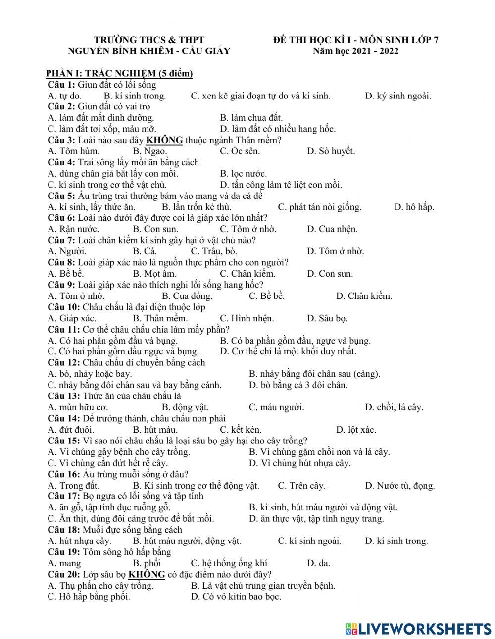 Kiểm tra học kì 1 Sinh 7