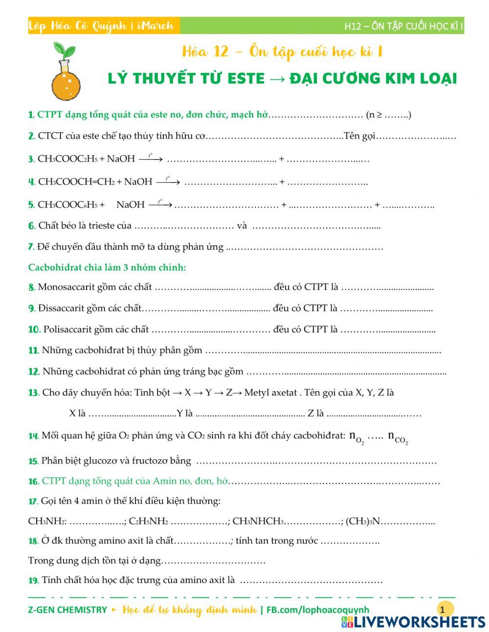 Hóa 12 - Ôn tập cuối học kì I