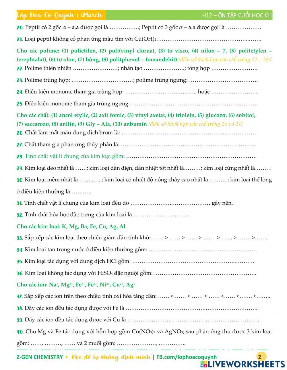 Hóa 12 - Ôn tập cuối học kì I