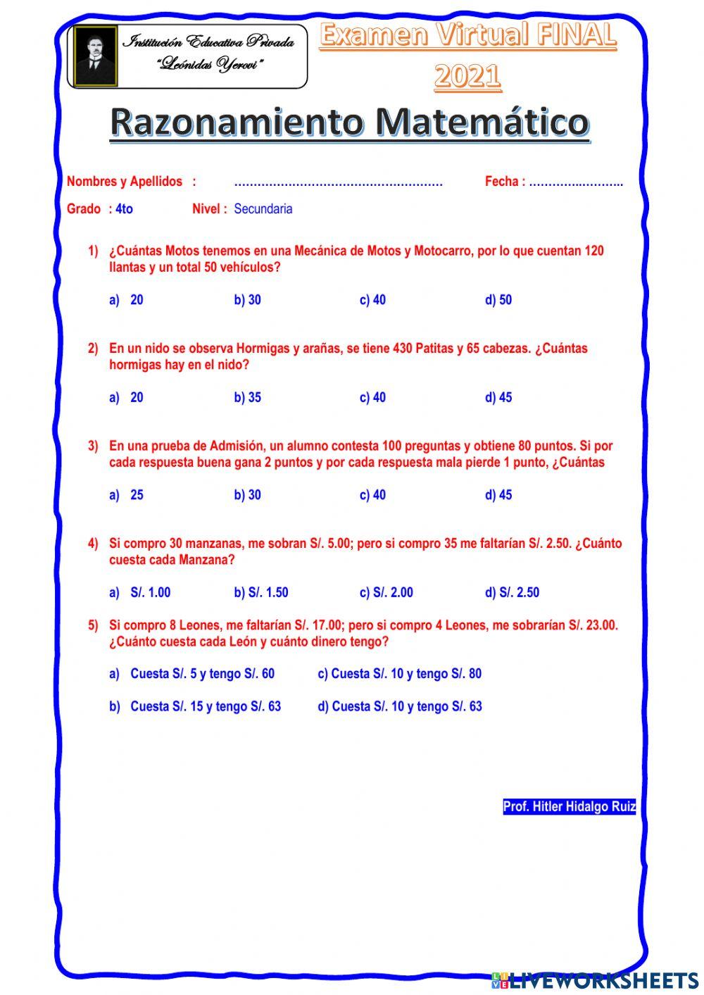 Razonamiento Matamatico 4to Secundaria