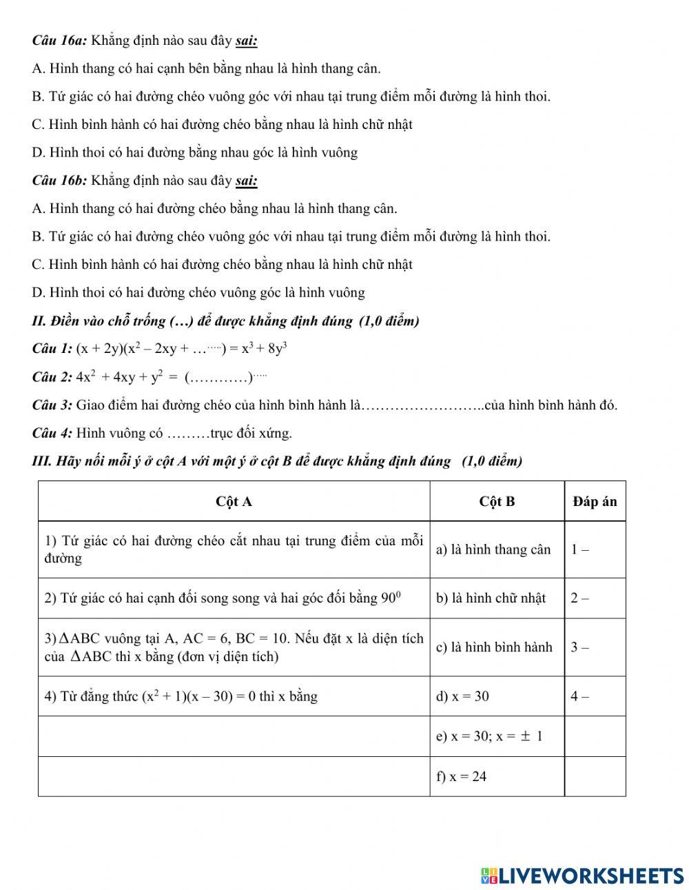 Trắc nghiệm HK1 Toán 8 17