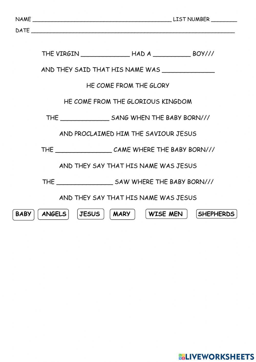 The virgin mary had a baby boy worksheet live worksheets