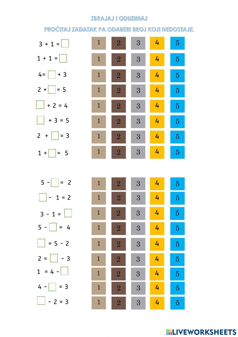 Zbrajanje i oduzimanje do 5