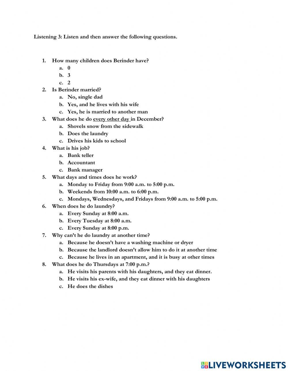 Chores and Responsibilities Listening