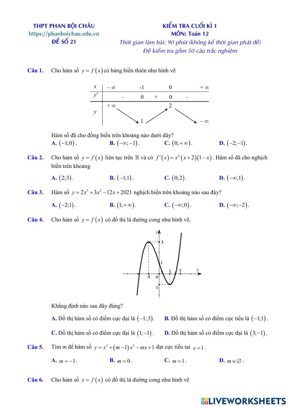 Toán 12 - Kiểm tra CK1 - Đề số 03 (100- TN)