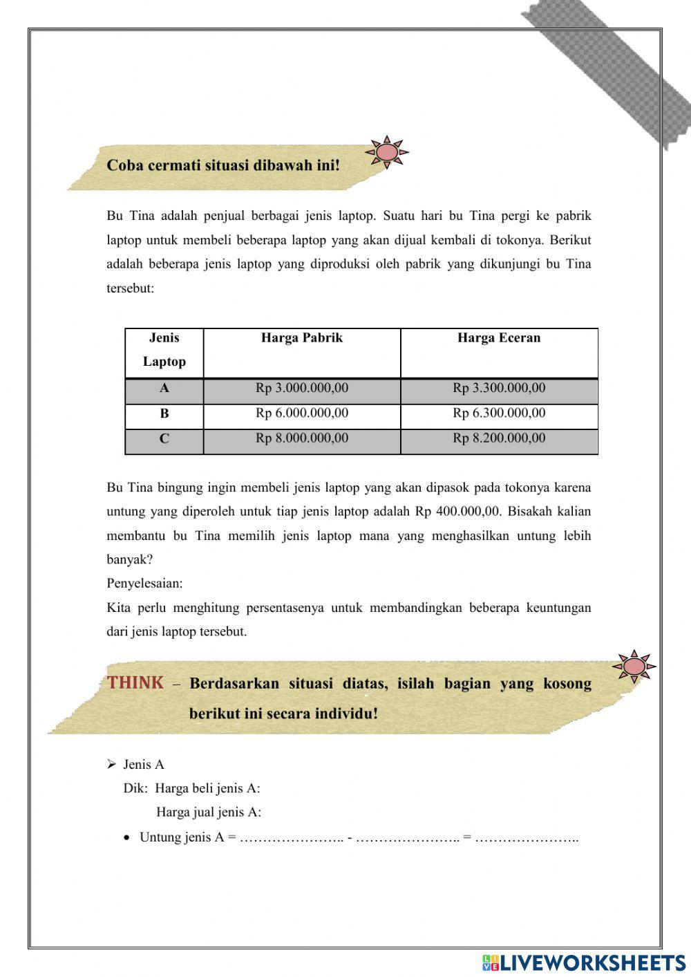 E-LKPD 2 ARITMETIKA SOSIAL (PERSENTASE KEUNTUNGAN DAN PERSENTASE KERUGIAN)
