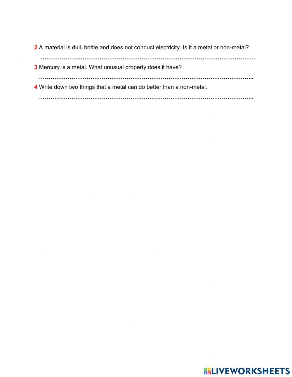 Metals & Non-metals Worksheet
